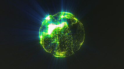 Green sparkling sphere, futuristic shapes glow in the dark with blue green rays.