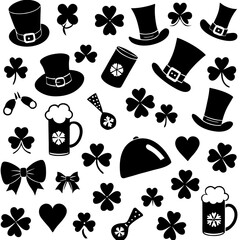St Patricks day silhouette vector,  Collection of silhouette elements for st patrick's day,  St Patricks Day Linocut Clipart, SVG Irish Charm, St Pattys Day Celebrations Illustration, Lucky Silhouette