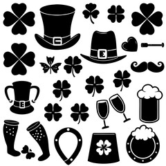 St Patricks day silhouette vector,  Collection of silhouette elements for st patrick's day,  St Patricks Day Linocut Clipart, SVG Irish Charm, St Pattys Day Celebrations Illustration, Lucky Silhouette
