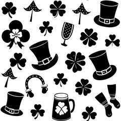 St Patricks day silhouette vector,  Collection of silhouette elements for st patrick's day,  St Patricks Day Linocut Clipart, SVG Irish Charm, St Pattys Day Celebrations Illustration, Lucky Silhouette