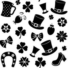 St Patricks day silhouette vector,  Collection of silhouette elements for st patrick's day,  St Patricks Day Linocut Clipart, SVG Irish Charm, St Pattys Day Celebrations Illustration, Lucky Silhouette