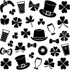 St Patricks day silhouette vector,  Collection of silhouette elements for st patrick's day,  St Patricks Day Linocut Clipart, SVG Irish Charm, St Pattys Day Celebrations Illustration, Lucky Silhouette