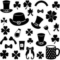 St Patricks day silhouette vector,  Collection of silhouette elements for st patrick's day,  St Patricks Day Linocut Clipart, SVG Irish Charm, St Pattys Day Celebrations Illustration, Lucky Silhouette