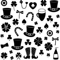 St Patricks day silhouette vector,  Collection of silhouette elements for st patrick's day,  St Patricks Day Linocut Clipart, SVG Irish Charm, St Pattys Day Celebrations Illustration, Lucky Silhouette