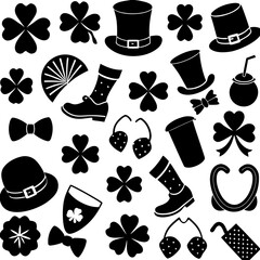 St Patricks day silhouette vector,  Collection of silhouette elements for st patrick's day,  St Patricks Day Linocut Clipart, SVG Irish Charm, St Pattys Day Celebrations Illustration, Lucky Silhouette