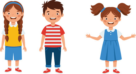 Cartoon children character illustration set, diverse outfits and hairstyles, educational clipart, vector kids, playful design, childhood graphics bundle