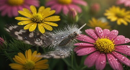 花のクローズアップ写真 雨上がりの花びらに水滴が輝き 羽が寄り添う穏やかな光景