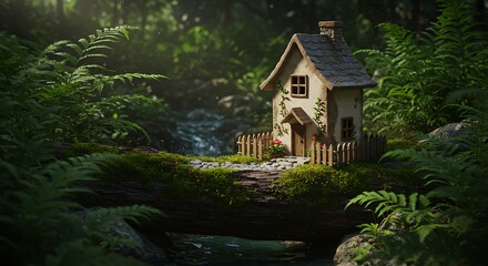 森の中の一軒家 穏やかな光に包まれた庭付きの可愛らしい家がひっそりと佇む