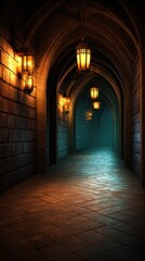 Obraz premium Mysterious dimly lit corridor with stone walls and glowing lanterns creating an eerie atmosphere