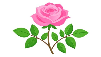 Naklejka premium A digitally created pink rose with green leaves and brown stem, isolated on a white background