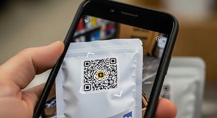 Using smartphone to scan QR code on product packaging for information or discounts enhancing customer experience and engagement