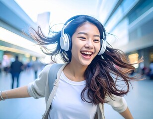 Adolescente bailando con auriculares inalámbricos, sonrisa espontánea, fondo urbano desenfocado, estilo fotográfico realista y dinámico.