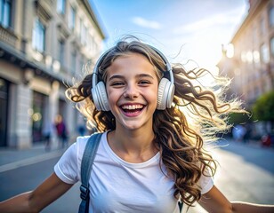 Adolescente bailando con auriculares inalámbricos, sonrisa espontánea, fondo urbano desenfocado, estilo fotográfico realista y dinámico.