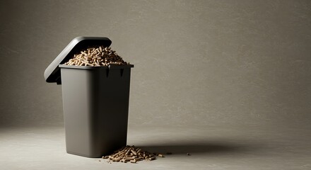 木質ペレットの容器　穏やかな光の中でペレットが溢れる様子を捉えた写真