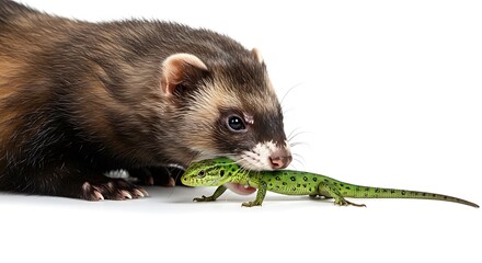 フェレットが明るい背景上で小さな緑色のトカゲをしっかりと捕獲している写真