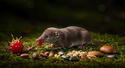 ジネズミが赤い果実を愛らしく食べる瞬間を捉えた美しい写真
