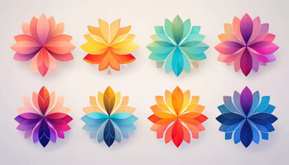 Obraz premium Eight stylized floral designs in a row, each with layered petals in a gradient of vibrant colors, set against a white background.