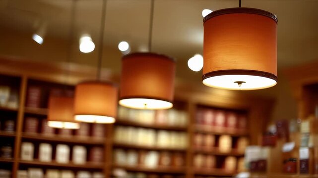 Medium shot capturing warm overhead lamps highlighting artisan products with a soft bokeh background enhancing the shoppers intimate and inviting experience inside the store.