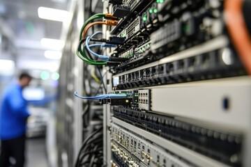 Fiber optic cables connected to servers in a data center during operations