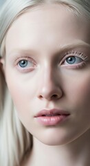 Albino beauty close-up portrait with pale skin, platinum blonde hair, light eyelashes, blue eyes, natural makeup, delicate features, minimalism and unique human diversity representation