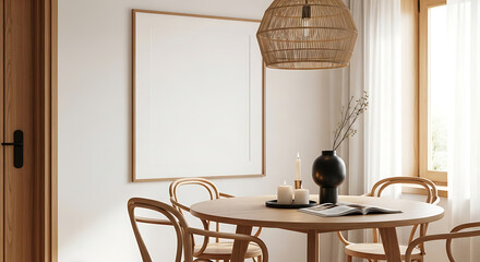 Blank square frame mockup in dining room with wooden table and chairs, rattan pendant light, and soft natural light from window, perfect for showcasing artwork or photography in a warm and inviting se