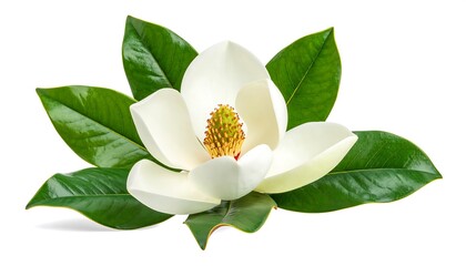 Close-up of a magnolia flower and leaves
