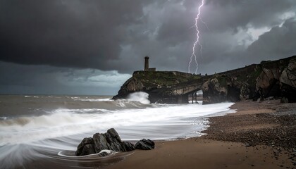 Dramatic coastal scene with a lighthouse and a lightning strike
