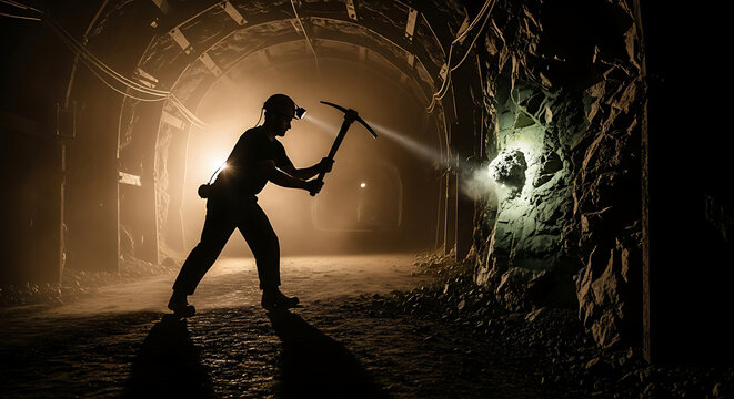 Underground worker silhouetted in a mine pickaxe in hand lit by headlamp Exploring dark tunnel Work hazard underground