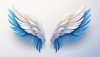 Obraz premium A pair of stylized, feathered angel wings with white and vibrant blue tips, gracefully spread against a soft, luminous background, evoking a sense of etherea...