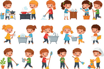Children doing household chores cartoon set—cleaning, cooking, organizing—vector illustration, teamwork, responsibility, playful style, educational character design