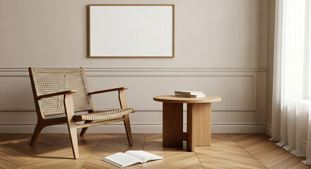Minimalist living room interior with wooden chair, side table, and blank frame mockup on the wall natural light and simple furniture create a serene and inviting atmosphere for relaxation and contempl