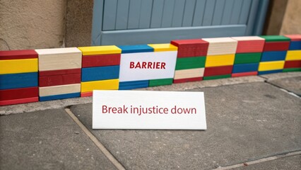 Colorful wooden blocks forming a barrier and a card with a message