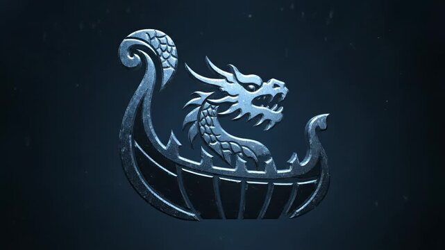 Viking Warship Dragon Logo - A metallic looking emblem depicts a Viking warship with a dragon head prow. The logo floats against a dark, misty background, giving it a mysterious feel.