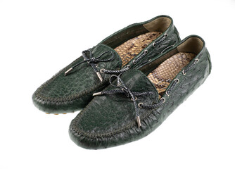 Green men's ostrich leather shoes isolated on white background