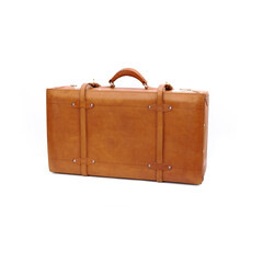 Vintage style tan leather suitcase isolated on white background, perfect for leather industry catalog design