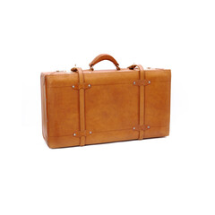 Vintage style tan leather suitcase isolated on white background, perfect for leather industry catalog design