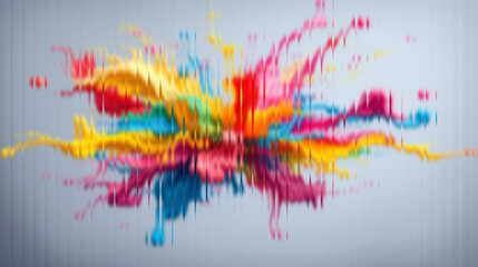 Naklejka premium Vibrant explosion of colorful liquid paint splatters creating dynamic abstract art on a textured grey background, perfect for creative projects