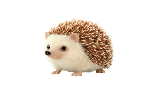 A cute. animated hedgehog stands on a smooth white surface. its fluffy fur and quills. with a soft focus background that emphasizes its charming features. ideal for childrens content