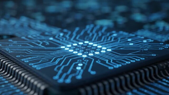 Close-up of a VPN Chip Circuit Network - The video shows a close-up of a VPN chip with highlighted nodes and connectivity circuits. The network is a complex system of interconnected lines and nodes.