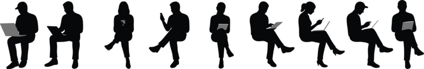 People using digital devices silhouette illustration—laptop, tablet, smartphone—vector artwork, tech lifestyle, mobile interaction, modern posture, digital culture