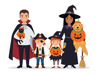 Halloween Family Fun: A joyous family embraces the spirit of Halloween, dressed in creative and captivating costumes, ready for trick-or-treating and spooky festivities. 