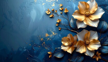 A digitally painted floral composition. Features gold & white blossoms, gold accents, and blue hues on an artistic background