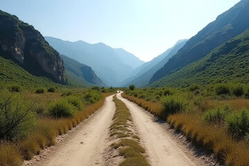 Dirt road through mountains and forest.created with the help of artificial intelligence.