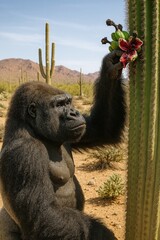 Surreal Encounter: Gorilla Harvesting Cactus Fruit in Desert Landscape