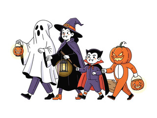 Happy Halloween Parade: A jovial gathering of playful trick-or-treaters, each in unique costumes and armed with lanterns, embark on a joyful Halloween adventure.