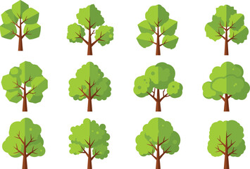 Stylized tree icon set, abstract forest elements, green foliage illustration, nature clipart, seasonal landscape graphics, eco design, vector trees collection
