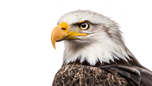 A majestic bald eagle in a close-up portrait. its striking features and sharp gaze. set against a plain white background. ideal for wildlife and nature-themed projects