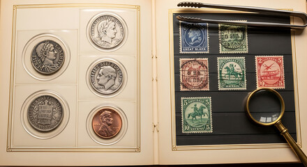 Coin and Stamp Collection : An open album displays a curated collection of coins and stamps a captivating glimpse into numismatic and philatelic worlds