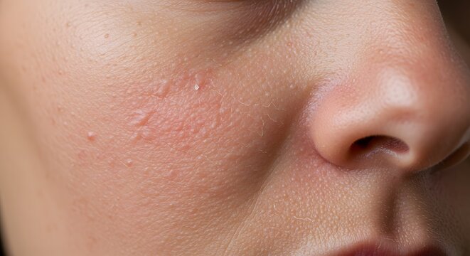 Macro Close-up of Red Skin Rash and Small Bumps on Cheek and Nose Area for Dermatology and Medical Skin Condition.