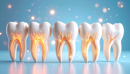 "Row of semi-transparent teeth revealing glowing nerves and pulp chambers—set against soft blue background, evoking dental anatomy, health education, and clinical clarity."